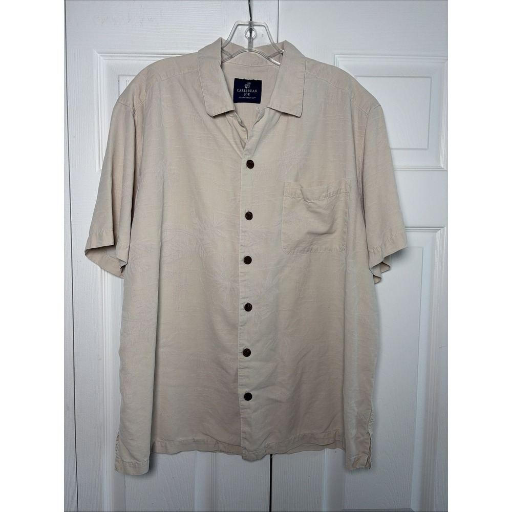 Caribbean Joe Island Supply Shirt Mens Size Large Beige Tropical Palm 100%‎ Silk